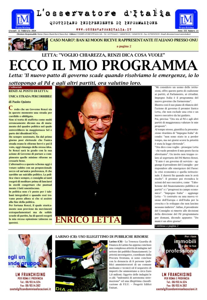 L'osservatore d'Italia edizione del 13 Febbraio 2014